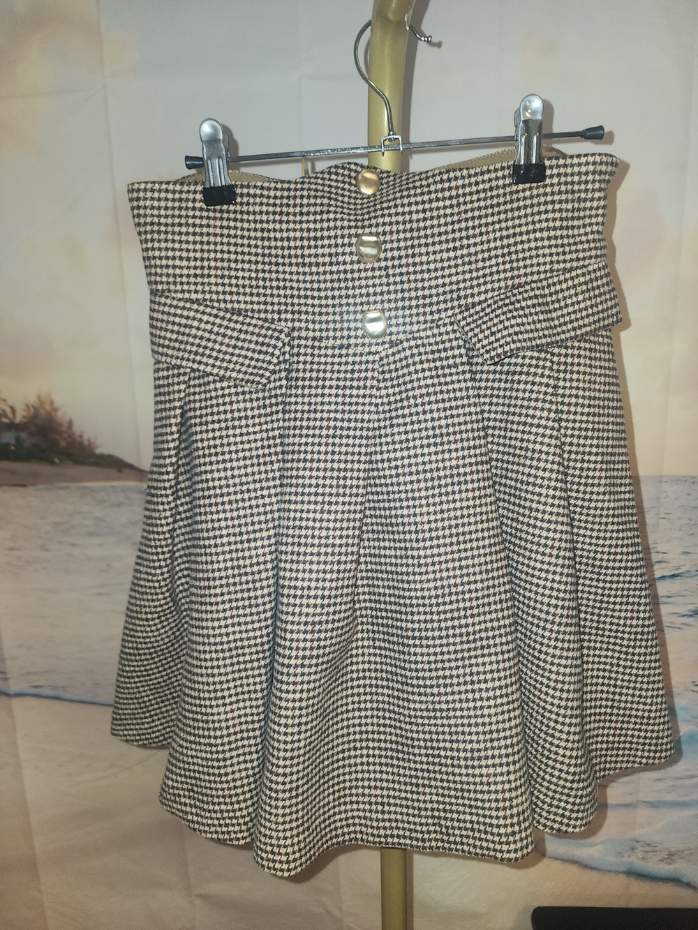 COMMENSE High-Waist Houndstooth Flared Skirt - Black BROWN & White